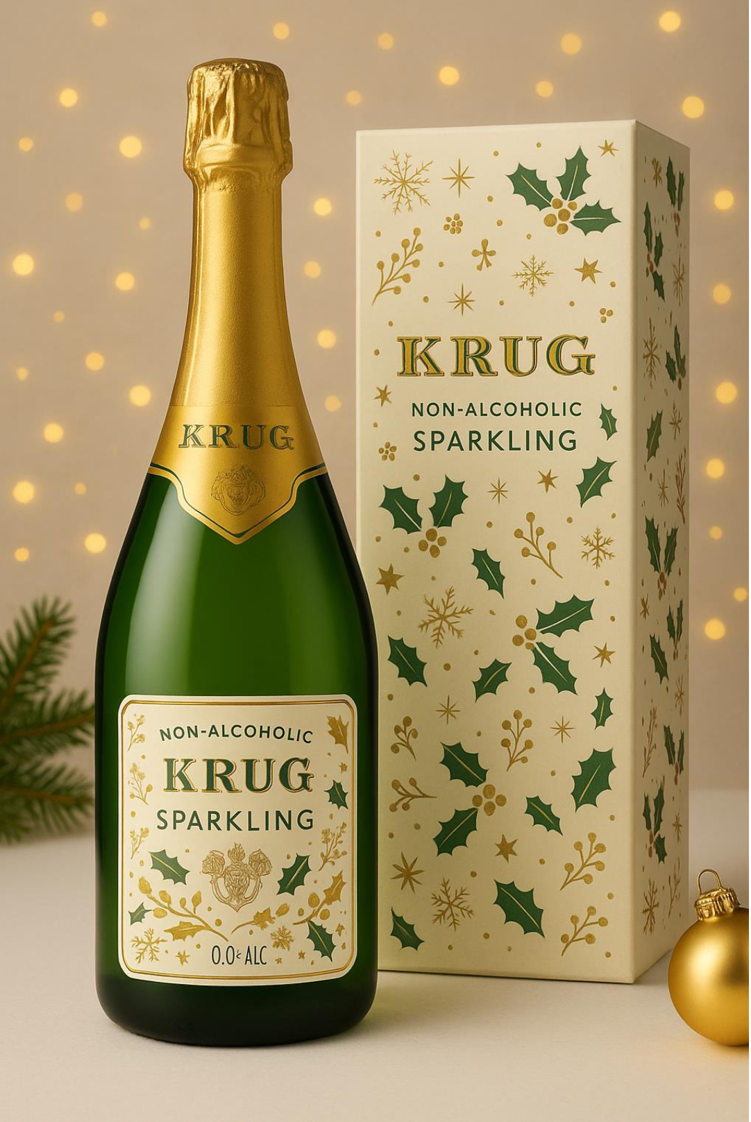 Holiday packaging mockups for Krug non-alcoholic sparkling